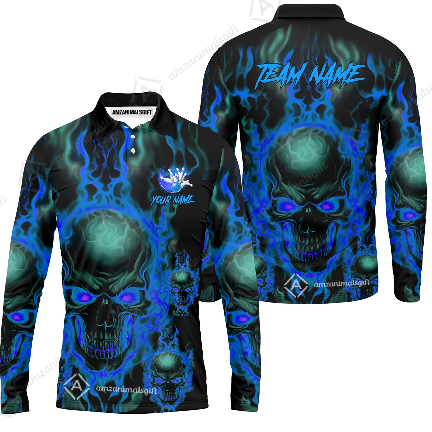 Bowling Customized Jersey Shirt Purple Flame Skull Bowling Tenpin Quarter Zip Shirt, Outfit For Bowlers, Bowling Team