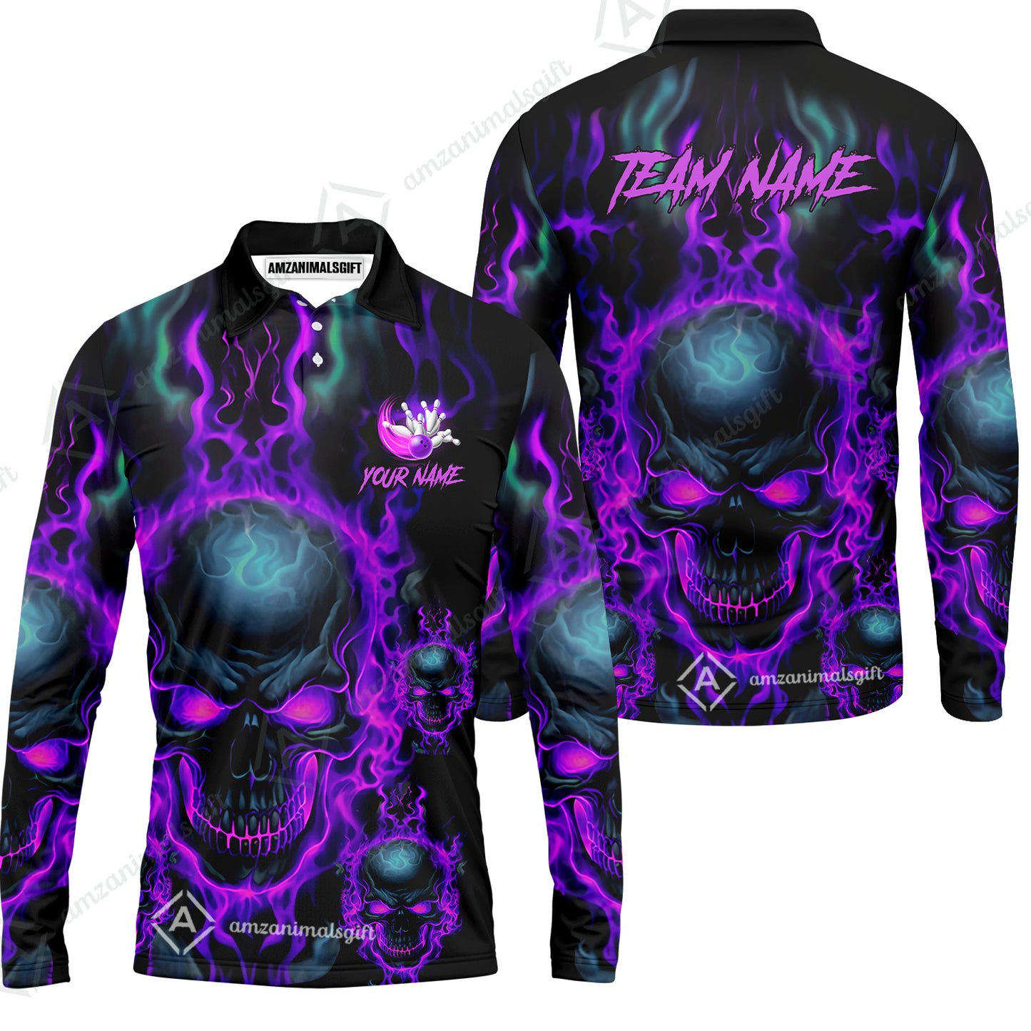 Bowling Customized Jersey Shirt Purple Flame Skull Bowling Tenpin Quarter Zip Shirt, Outfit For Bowlers, Bowling Team