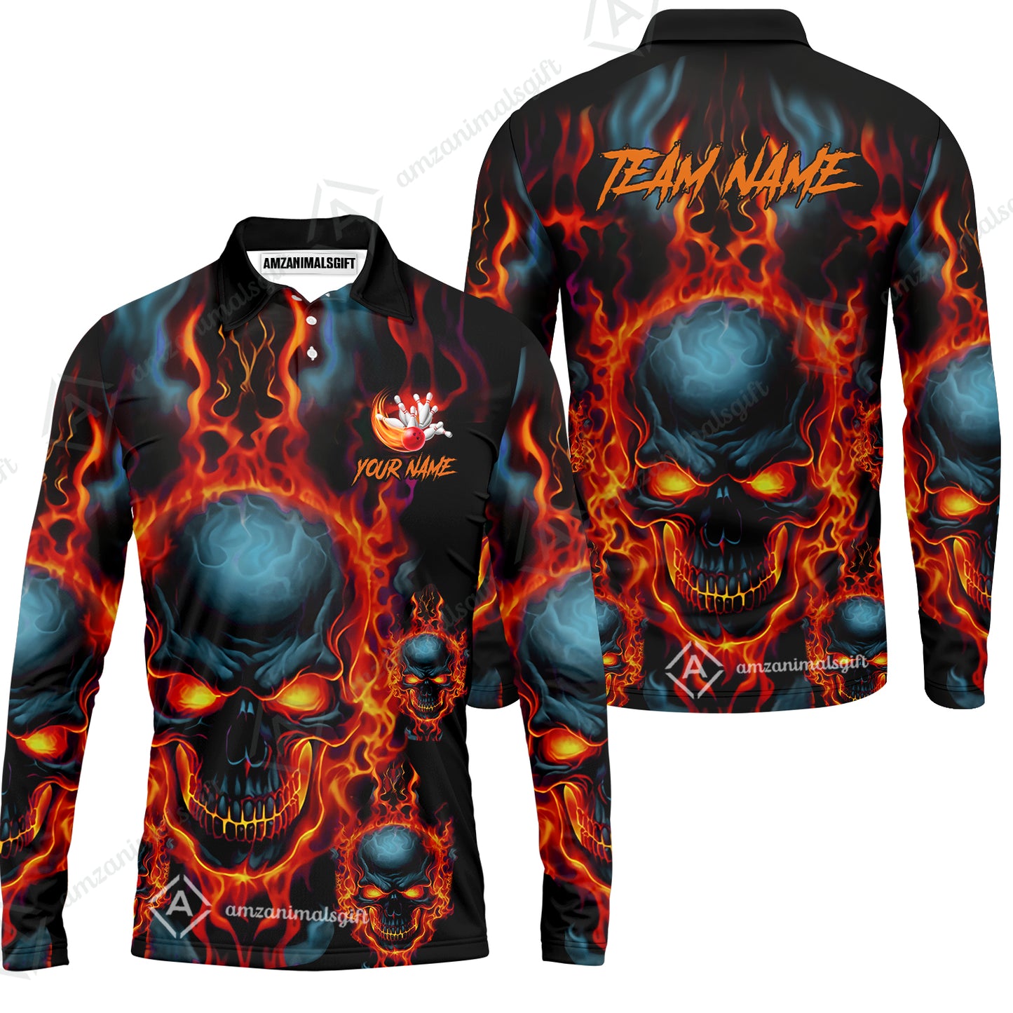 Bowling Customized Jersey Shirt Purple Flame Skull Bowling Tenpin Quarter Zip Shirt, Outfit For Bowlers, Bowling Team