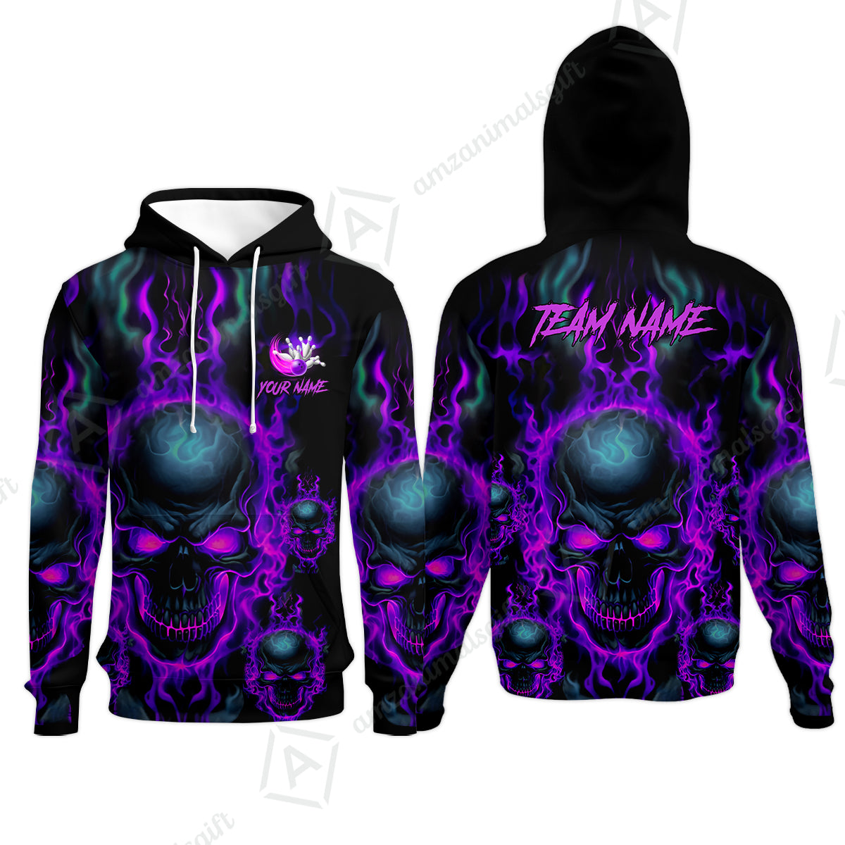 Bowling Customized Jersey Shirt Purple Flame Skull Bowling Tenpin Quarter Zip Shirt, Outfit For Bowlers, Bowling Team