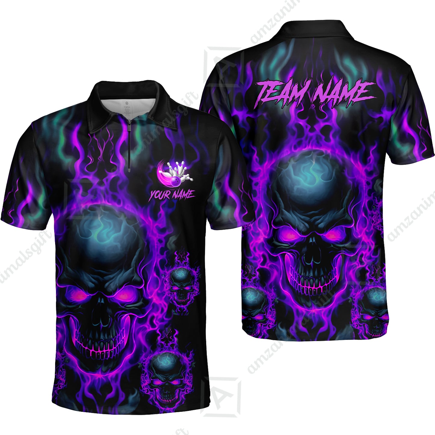 Bowling Customized Jersey Shirt Purple Flame Skull Bowling Tenpin Quarter Zip Shirt, Outfit For Bowlers, Bowling Team