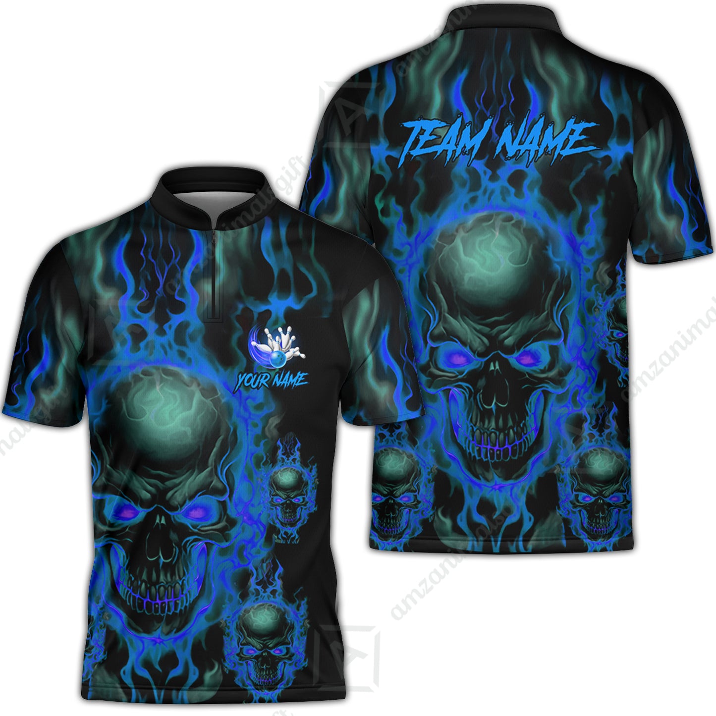 Bowling Customized Jersey Shirt Purple Flame Skull Bowling Tenpin Quarter Zip Shirt, Outfit For Bowlers, Bowling Team