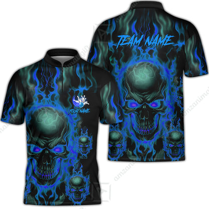 Bowling Customized Jersey Shirt Purple Flame Skull Bowling Tenpin Quarter Zip Shirt, Outfit For Bowlers, Bowling Team