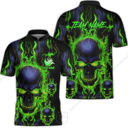 Bowling Customized Jersey Shirt Purple Flame Skull Bowling Tenpin Quarter Zip Shirt, Outfit For Bowlers, Bowling Team