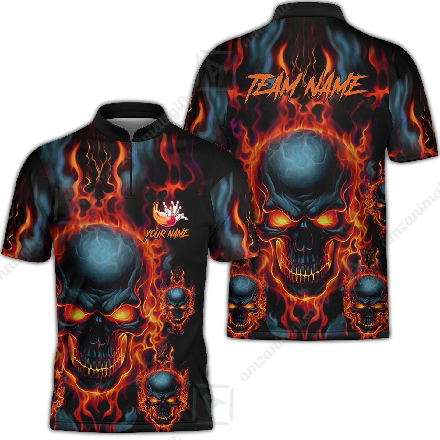 Bowling Customized Jersey Shirt Purple Flame Skull Bowling Tenpin Quarter Zip Shirt, Outfit For Bowlers, Bowling Team