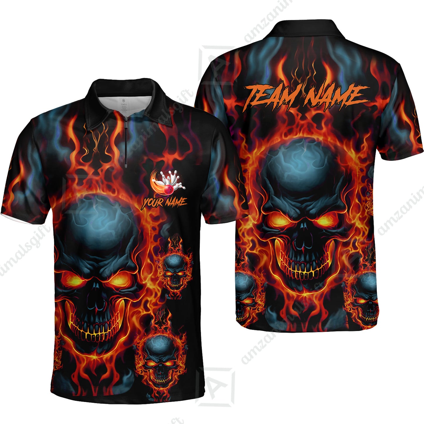 Bowling Customized Jersey Shirt Purple Flame Skull Bowling Tenpin Quarter Zip Shirt, Outfit For Bowlers, Bowling Team