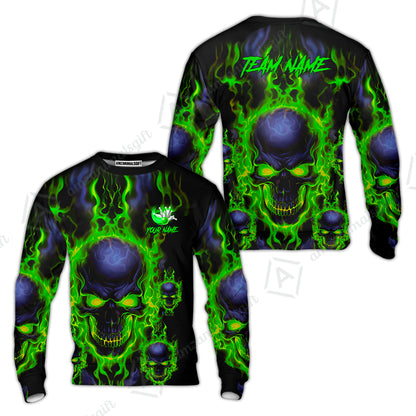 Bowling Customized Jersey Shirt Purple Flame Skull Bowling Tenpin Quarter Zip Shirt, Outfit For Bowlers, Bowling Team