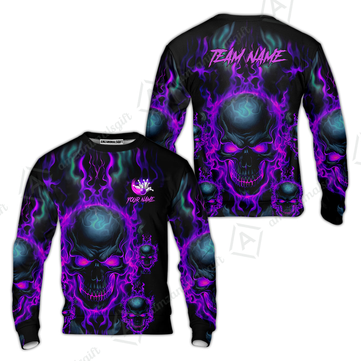 Bowling Customized Jersey Shirt Purple Flame Skull Bowling Tenpin Quarter Zip Shirt, Outfit For Bowlers, Bowling Team