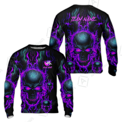 Bowling Customized Jersey Shirt Purple Flame Skull Bowling Tenpin Quarter Zip Shirt, Outfit For Bowlers, Bowling Team
