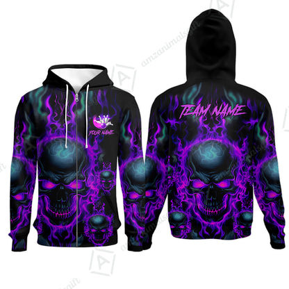 Bowling Customized Jersey Shirt Purple Flame Skull Bowling Tenpin Quarter Zip Shirt, Outfit For Bowlers, Bowling Team