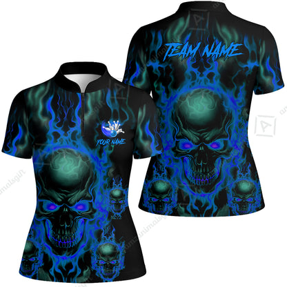 Bowling Customized Jersey Shirt Purple Flame Skull Bowling Tenpin Quarter Zip Shirt, Outfit For Bowlers, Bowling Team