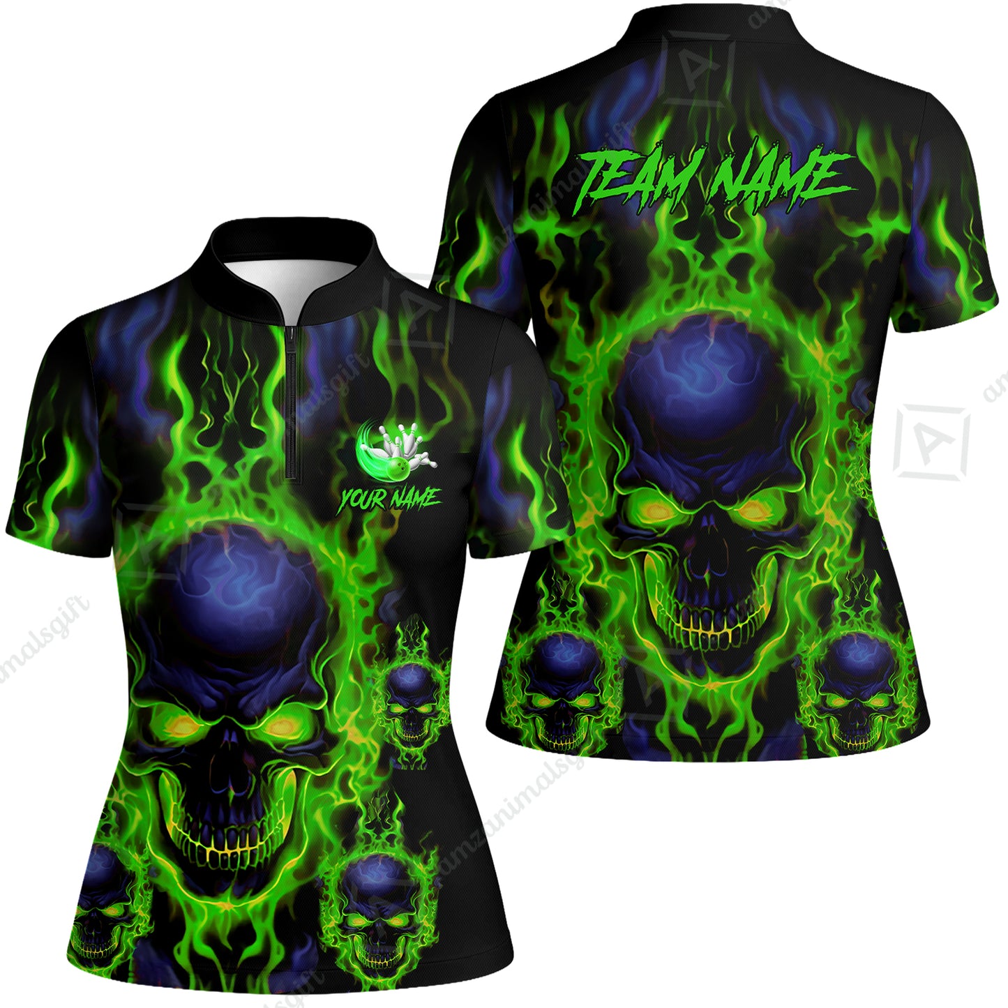 Bowling Customized Jersey Shirt Purple Flame Skull Bowling Tenpin Quarter Zip Shirt, Outfit For Bowlers, Bowling Team