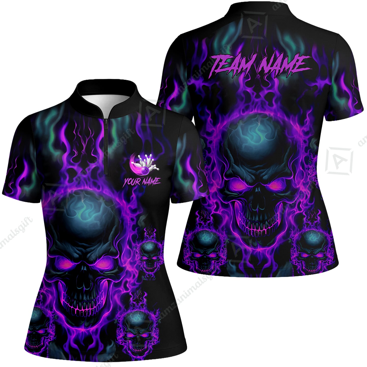 Bowling Customized Jersey Shirt Purple Flame Skull Bowling Tenpin Quarter Zip Shirt, Outfit For Bowlers, Bowling Team