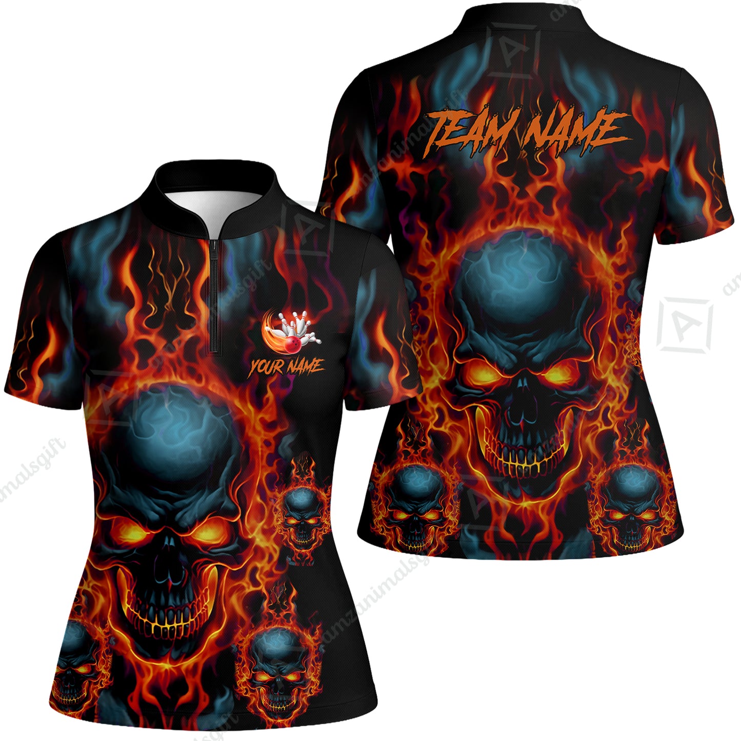 Bowling Customized Jersey Shirt Purple Flame Skull Bowling Tenpin Quarter Zip Shirt, Outfit For Bowlers, Bowling Team