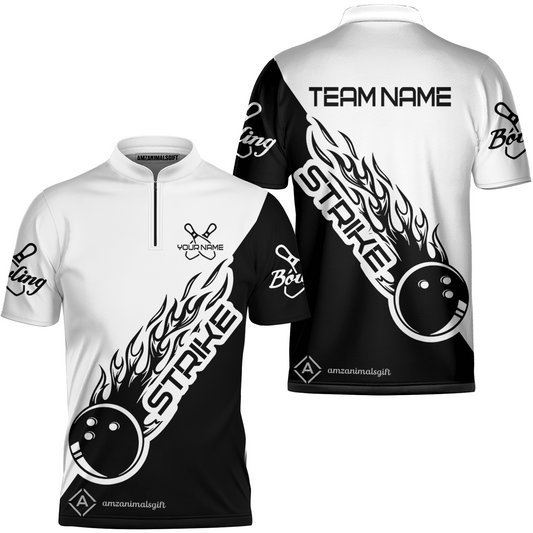 Bowling Customized Jersey Black White Shirt Strike Ball Bowling Tenpin Quarter Zip Shirt For Bowlers, Bowling Team