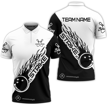 Bowling Customized Jersey Black White Shirt Strike Ball Bowling Tenpin Quarter Zip Shirt For Bowlers, Bowling Team