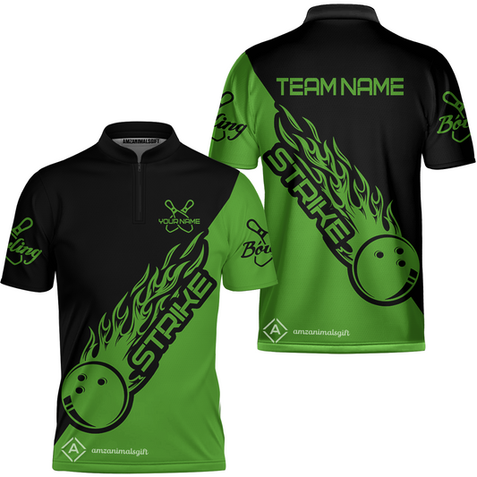 Bowling Customized Jersey Black Green Shirt Strike Ball Bowling Tenpin Quarter Zip Shirt For Bowlers, Bowling Team