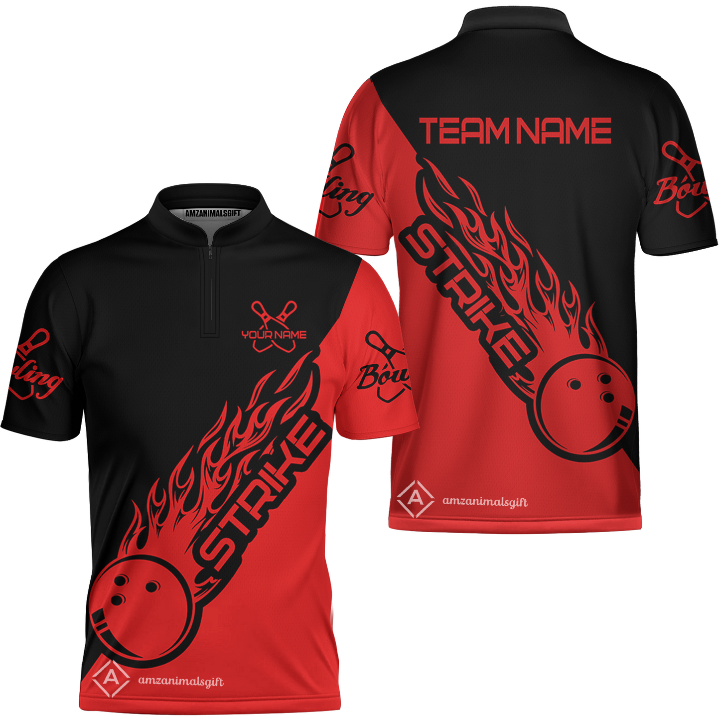 Bowling Customized Jersey Black Red Shirt Strike Ball Bowling Tenpin Quarter Zip Shirt For Bowlers, Bowling Team