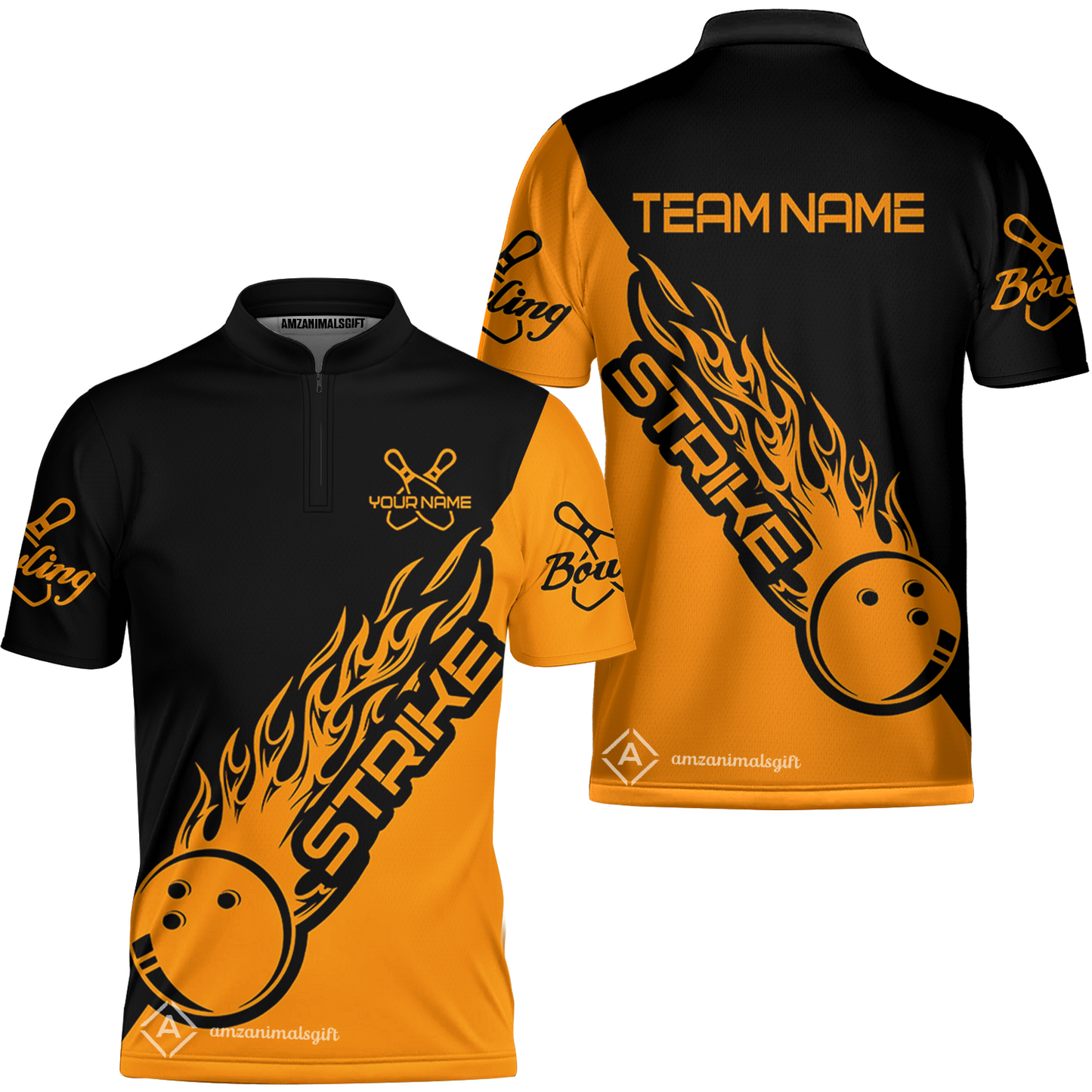 Bowling Customized Jersey Black Orange Shirt Strike Ball Bowling Tenpin Quarter Zip Shirt For Bowlers, Bowling Team