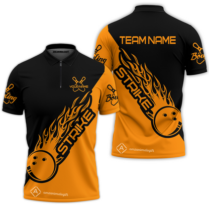Bowling Customized Jersey Black Orange Shirt Strike Ball Bowling Tenpin Quarter Zip Shirt For Bowlers, Bowling Team