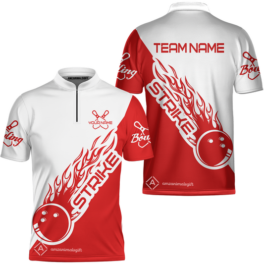 Bowling Customized Jersey Polo White Red Shirt Strike Ball Bowling Tenpin Quarter Zip Shirt For Bowlers, Bowling Team