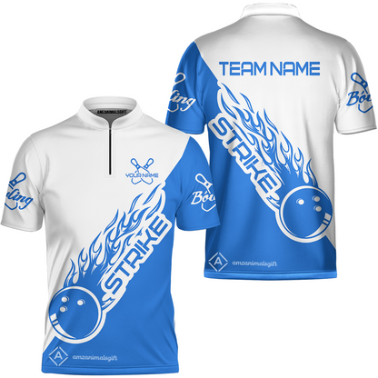 Bowling Customized Jersey White Blue Shirt Strike Ball Bowling Tenpin Quarter Zip Shirt For Bowlers, Bowling Team