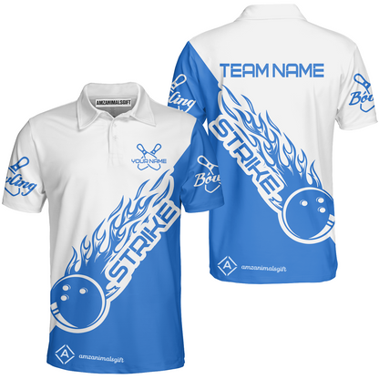 Bowling Customized Jersey White Blue Shirt Strike Ball Bowling Tenpin Quarter Zip Shirt For Bowlers, Bowling Team
