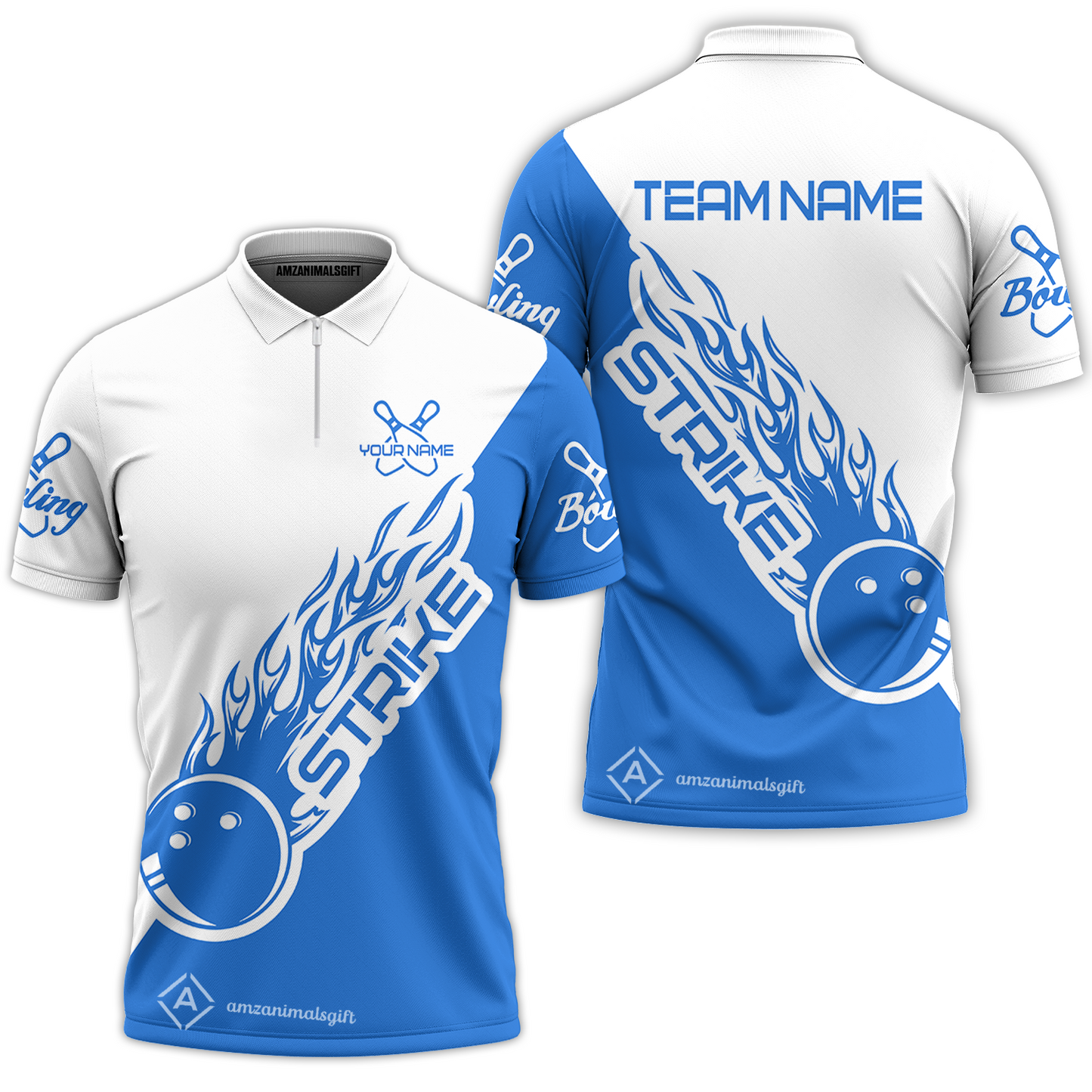 Bowling Customized Jersey White Blue Shirt Strike Ball Bowling Tenpin Quarter Zip Shirt For Bowlers, Bowling Team