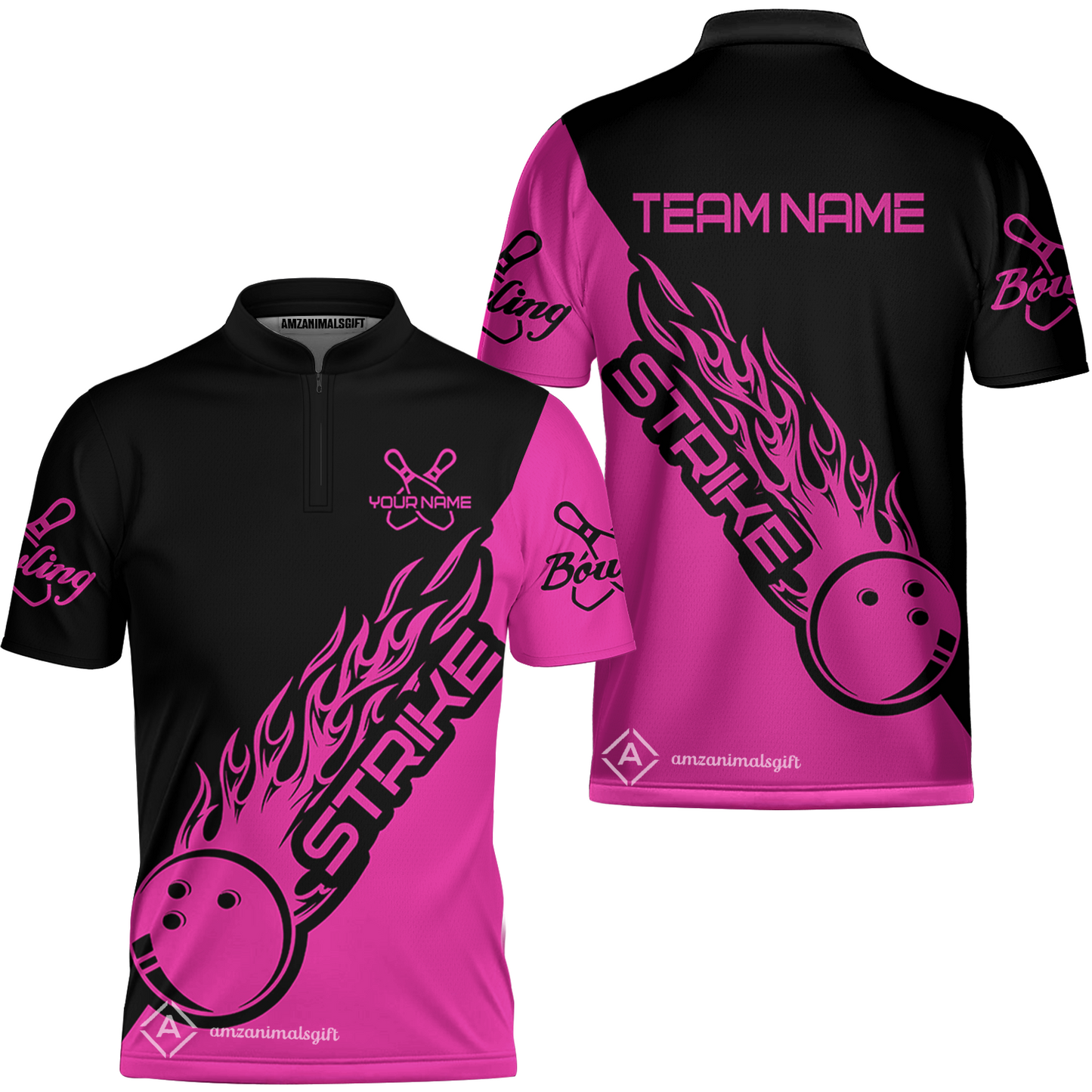 Bowling Customized Jersey Black Pink Shirt Strike Ball Bowling Tenpin Quarter Zip Shirt For Bowlers, Bowling Team