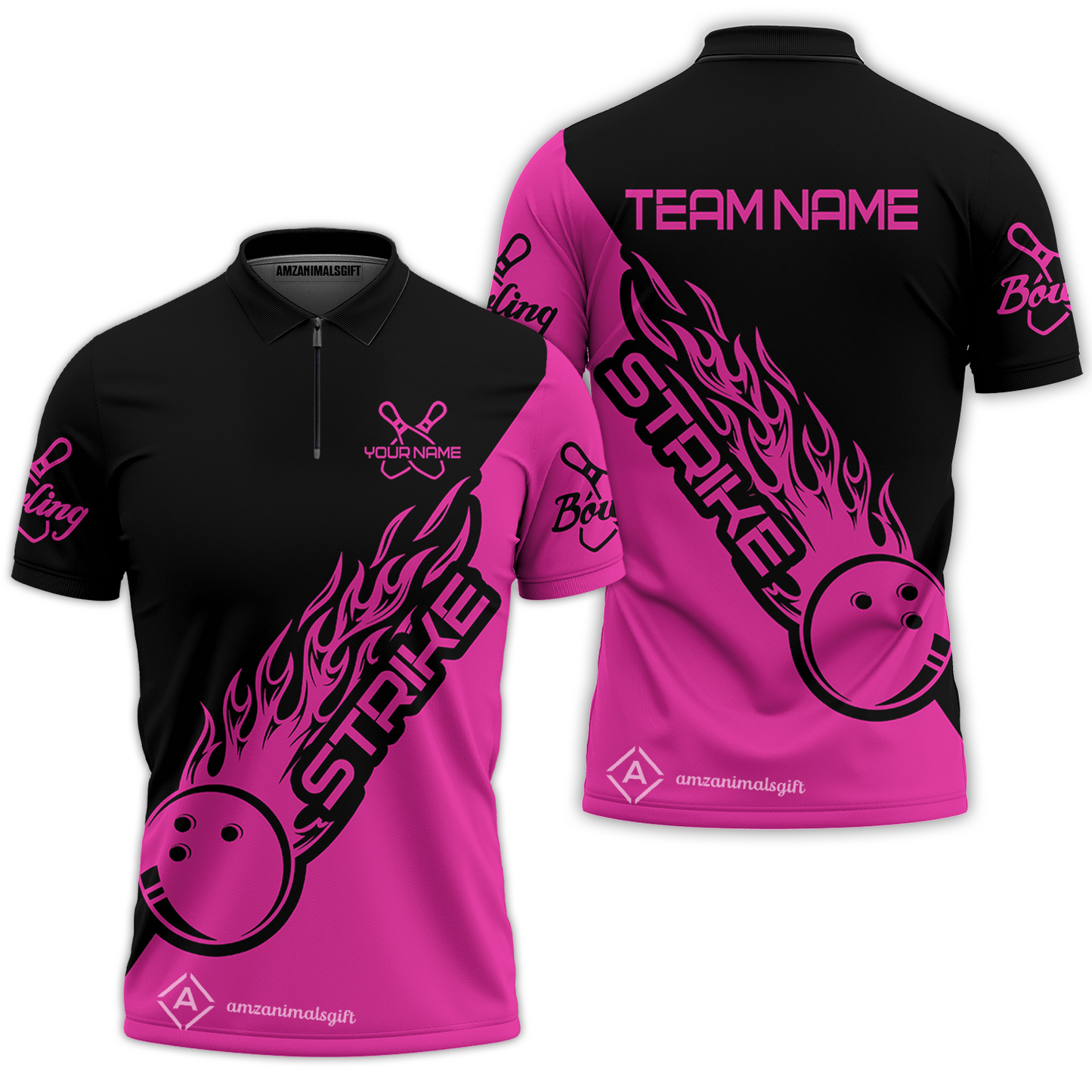 Bowling Customized Jersey Black Pink Shirt Strike Ball Bowling Tenpin Quarter Zip Shirt For Bowlers, Bowling Team
