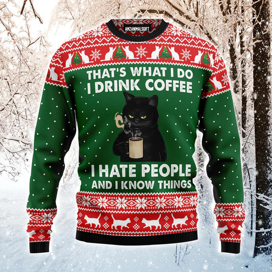 Black Cat Ugly Christmas Sweater, Black Cat Drink Coffee Ugly Sweater For Men & Women - Best Gift For Christmas, Friends, Black Cat Lovers