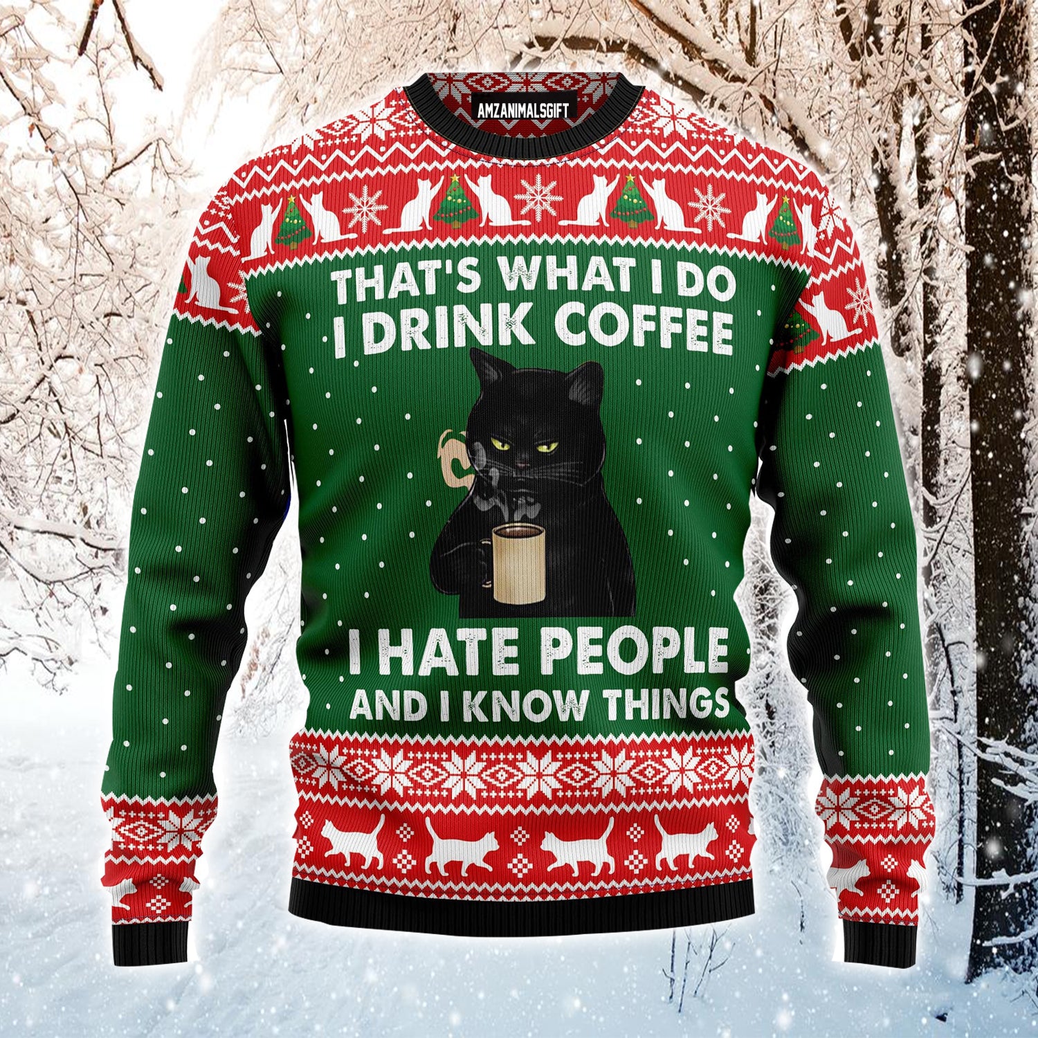 Black Cat Ugly Christmas Sweater, Black Cat Drink Coffee Ugly Sweater For Men & Women - Best Gift For Christmas, Friends, Black Cat Lovers