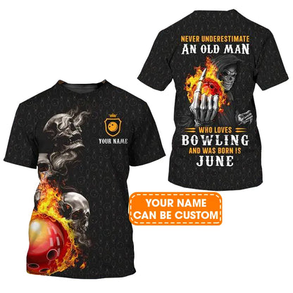 Customized Bowling T Shirt, Bowling Skull Never Underestimate An Old Man And Was Born In June Personalized Bowling T Shirt - Gift For Bowling Lovers