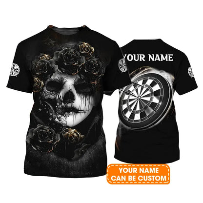 Customized Name Darts T Shirt, Flower Skull Girl And Dartboard Personalized T Shirt - Gift For Darts Lovers, Darts Player, Dart Team