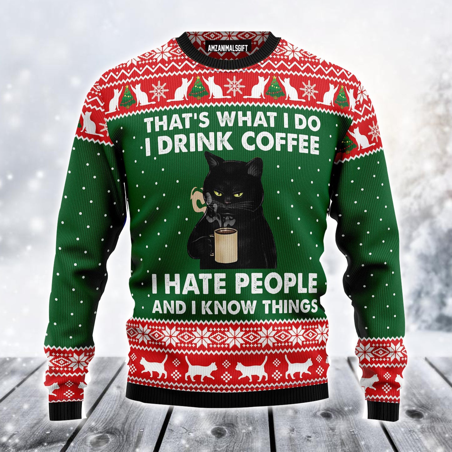 Black Cat Ugly Christmas Sweater, Black Cat Drink Coffee Ugly Sweater For Men & Women - Best Gift For Christmas, Friends, Black Cat Lovers