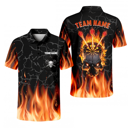 Personalized Darts Men Polo Shirt - Custom Name & Team Name Orange Flame Skull Darts Polo Shirt