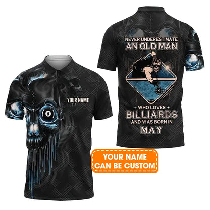 Customized Billiard Men Polo Shirts - Pool 8 Ball Never Underestimate An Old Man And Was Born In May Personalized Polo Shirts - Gift For Billiard Lovers
