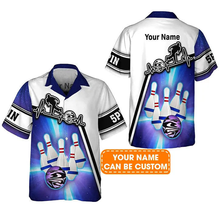 Bowling Hawaiian Shirt Custom Name - Blue Bowling 5 Pins Personalized Aloha Hawaiian Shirt - Gift For Friend, Family, Bowling Lovers