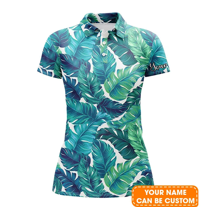 Custom Name Women Polo Shirt, Turquoise And Green Tropical Leaves Personalized Women Polo Shirt - Perfect Gift For Ladies, Friends, Family