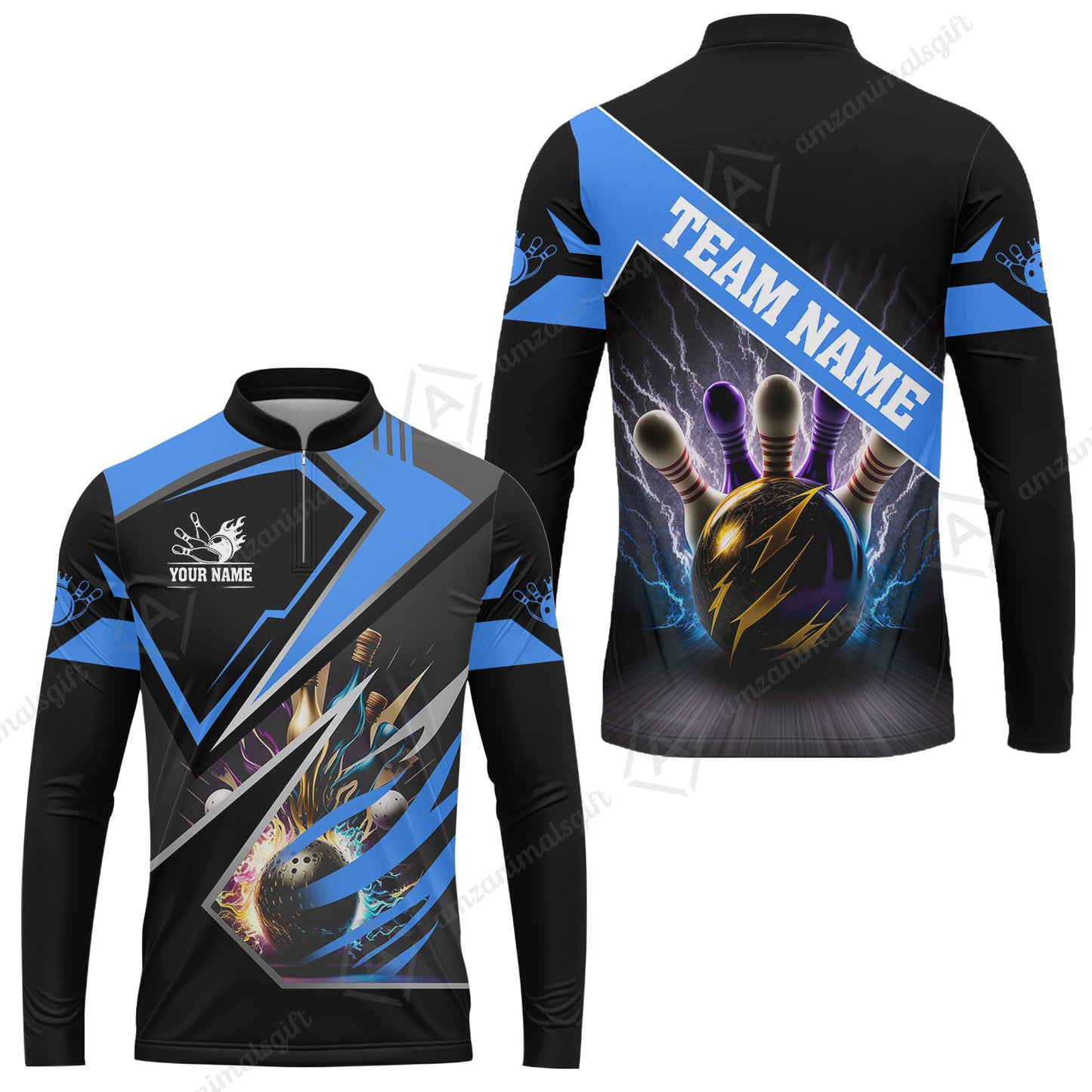 Customized Bowling Jersey Shirt, Bowling And Pins Premium Multicolor Option Customized Name And Team Zipper Polo Jerseys Shirts