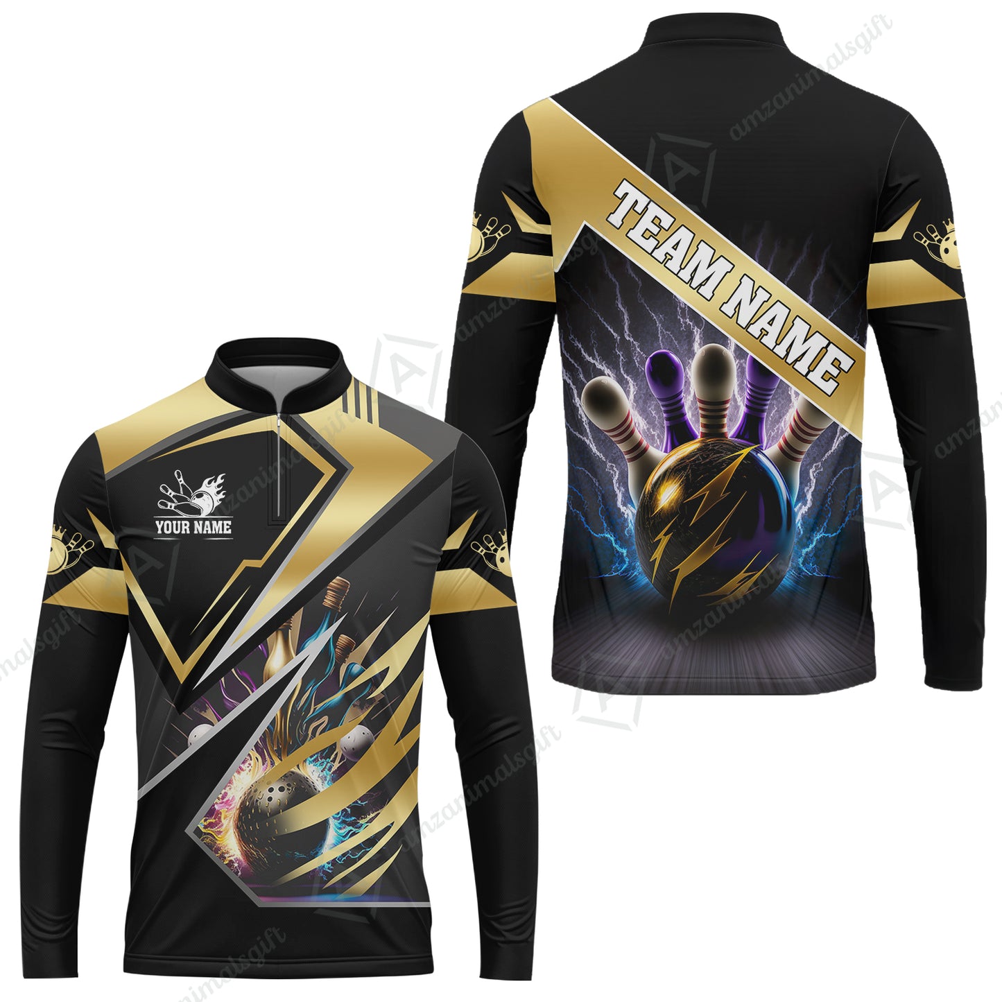 Customized Bowling Jersey Shirt, Bowling And Pins Premium Multicolor Option Customized Name And Team Zipper Polo Jerseys Shirts