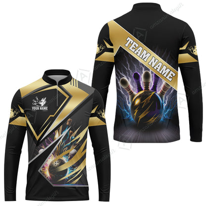 Customized Bowling Jersey Shirt, Bowling And Pins Premium Multicolor Option Customized Name And Team Zipper Polo Jerseys Shirts