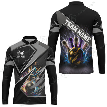 Customized Bowling Jersey Shirt, Bowling And Pins Premium Multicolor Option Customized Name And Team Zipper Polo Jerseys Shirts