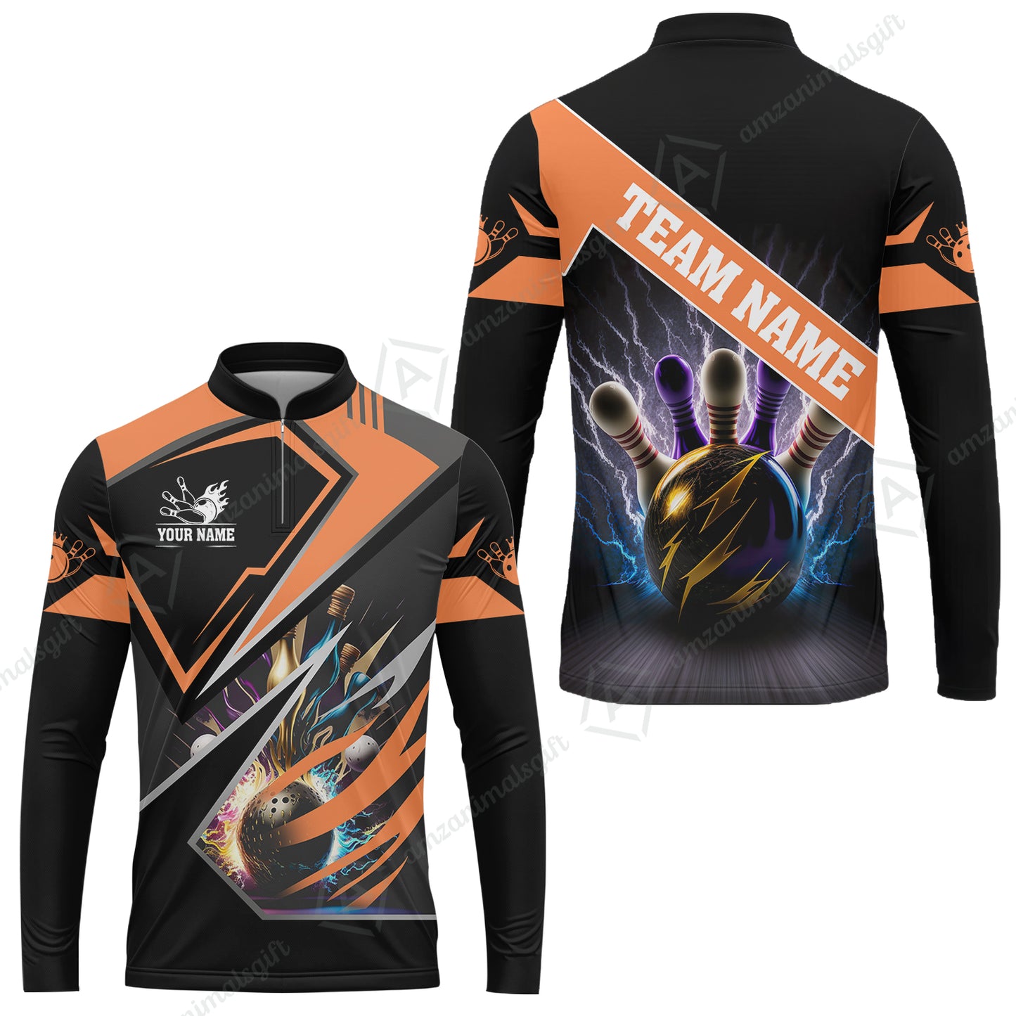 Customized Bowling Jersey Shirt, Bowling And Pins Premium Multicolor Option Customized Name And Team Zipper Polo Jerseys Shirts