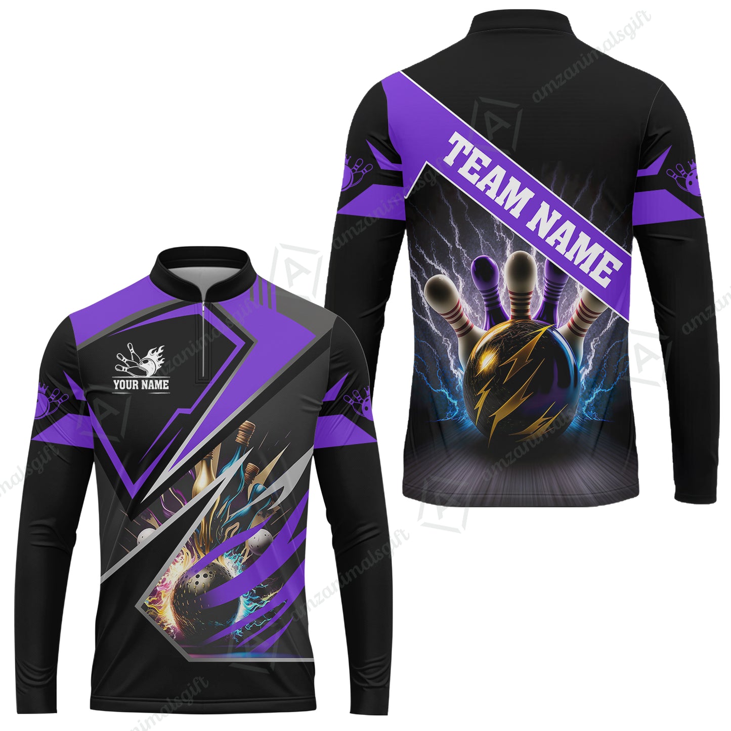 Customized Bowling Jersey Shirt, Bowling And Pins Premium Multicolor Option Customized Name And Team Zipper Polo Jerseys Shirts