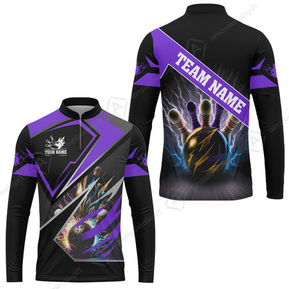 Customized Bowling Jersey Shirt, Bowling And Pins Premium Multicolor Option Customized Name And Team Zipper Polo Jerseys Shirts