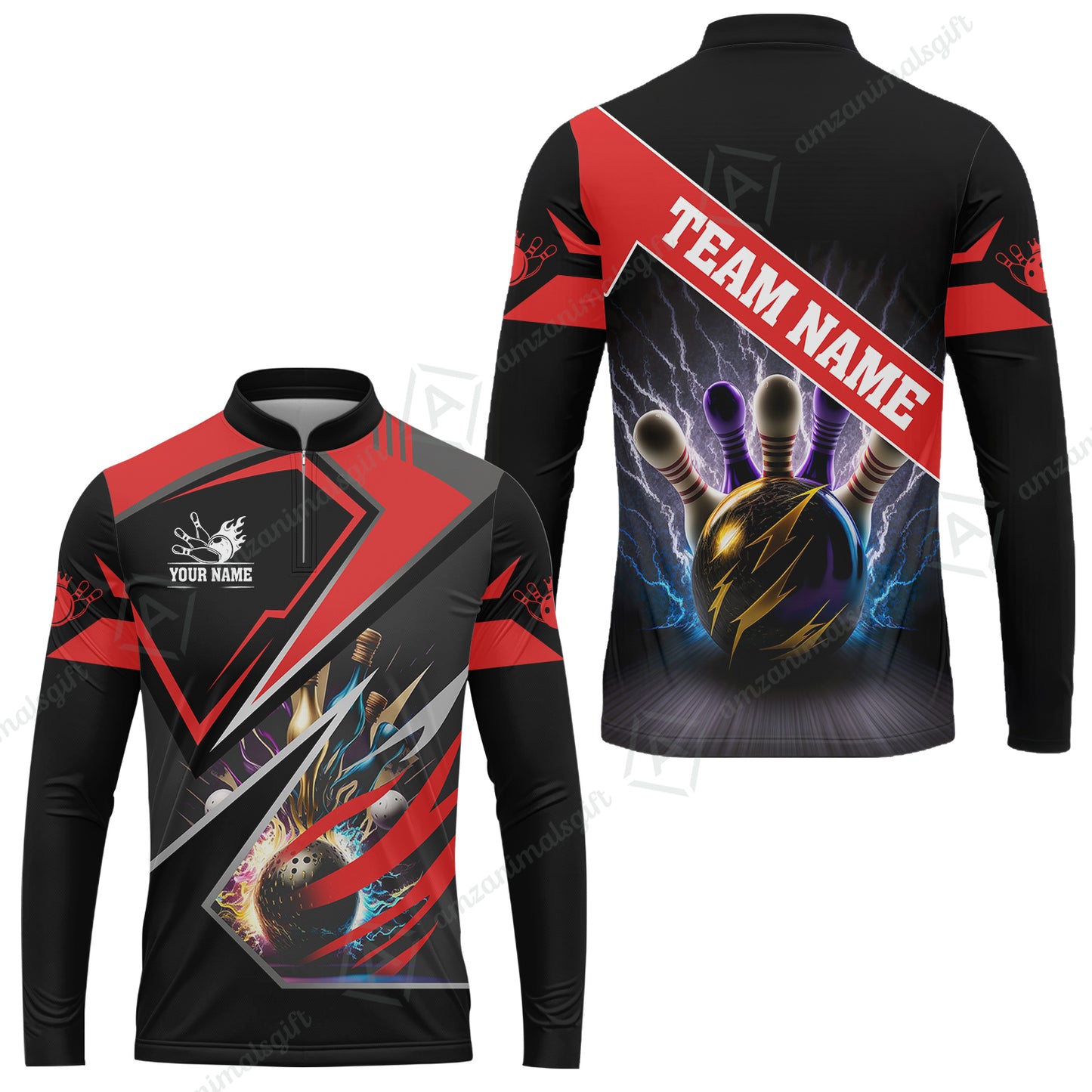Customized Bowling Jersey Shirt, Bowling And Pins Premium Multicolor Option Customized Name And Team Zipper Polo Jerseys Shirts