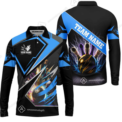 Customized Bowling Jersey Shirt, Bowling And Pins Premium Multicolor Option Customized Name And Team Zipper Polo Jerseys Shirts