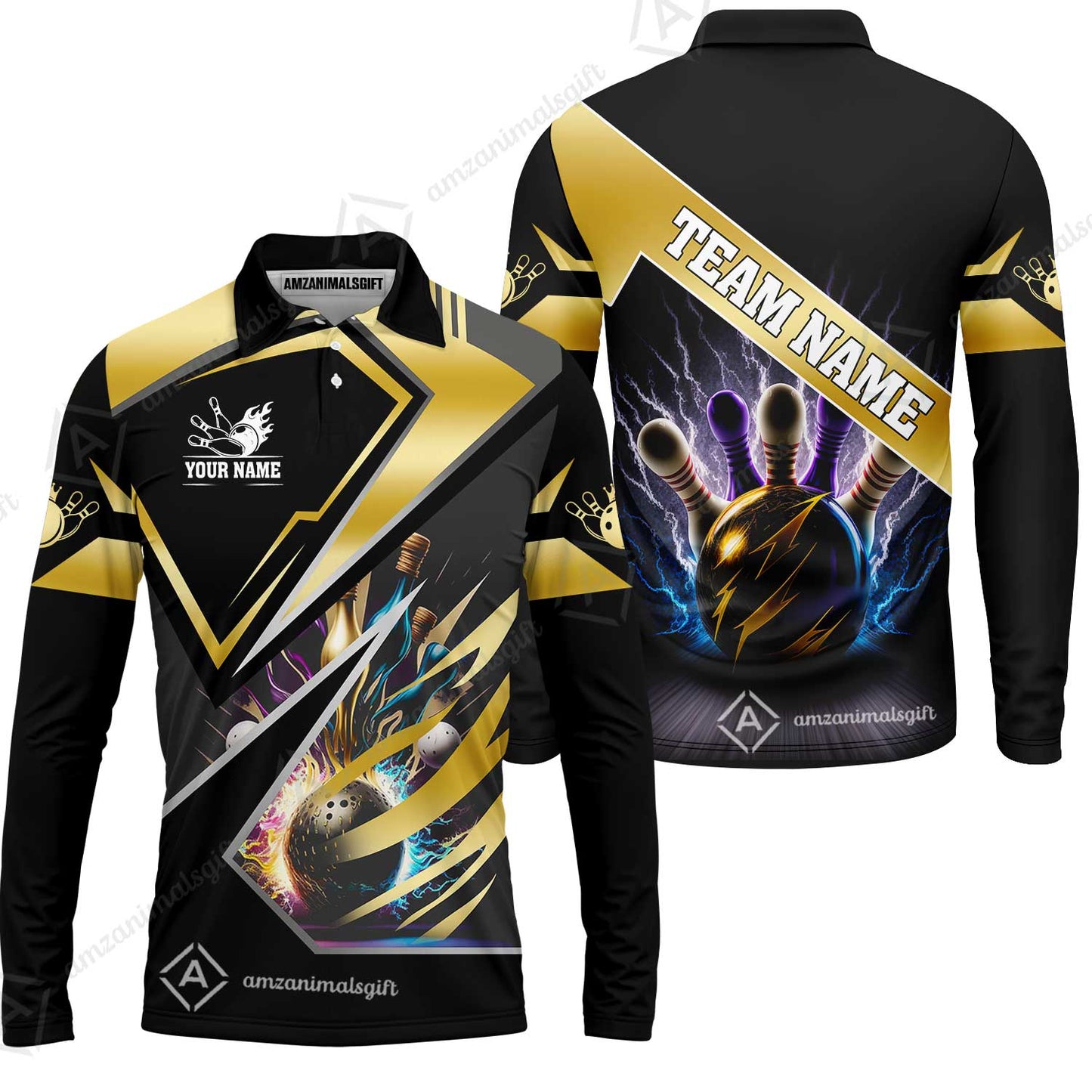 Customized Bowling Jersey Shirt, Bowling And Pins Premium Multicolor Option Customized Name And Team Zipper Polo Jerseys Shirts