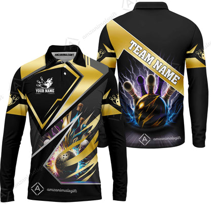 Customized Bowling Jersey Shirt, Bowling And Pins Premium Multicolor Option Customized Name And Team Zipper Polo Jerseys Shirts
